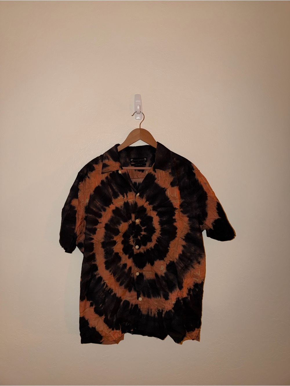All Saints Black and Rust Tie-Dye Short Sleeve Button-Down Shirt